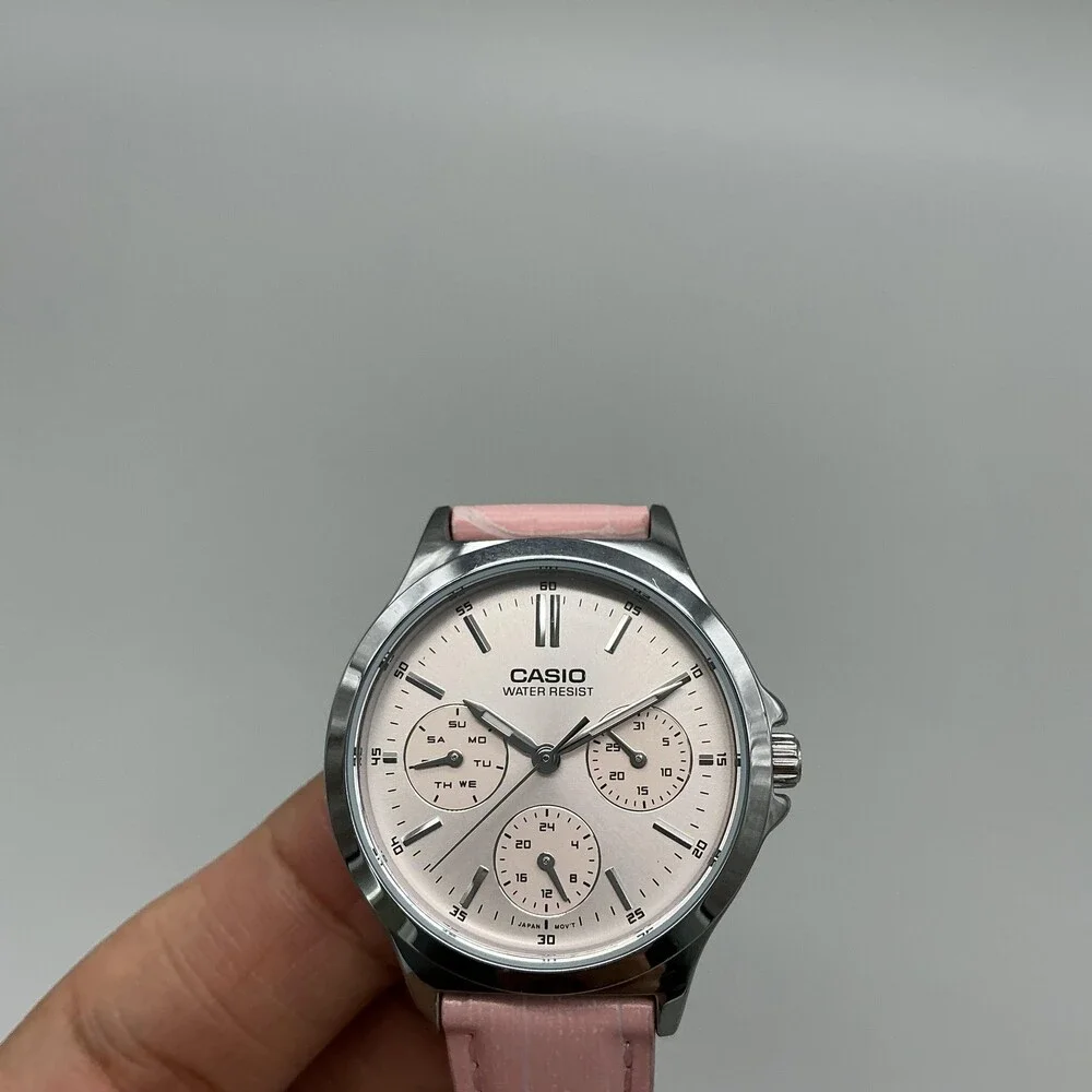 Casio LTP-V300 Womens Watch 32mm Pink Dial Silver Tone Day Date New Battery